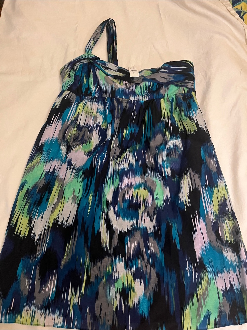 Ann Taylor One-Shoulder Abstract Print Dress in Navy, Teal, Aqua, Lime
